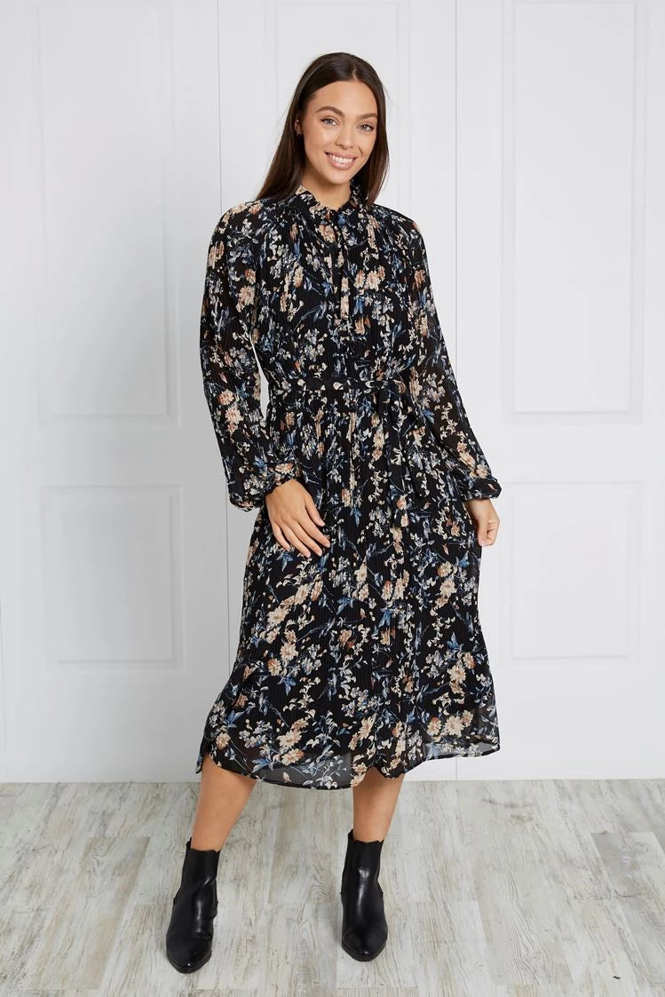 MICRO PLEAT FLORAL MIDI DRESS