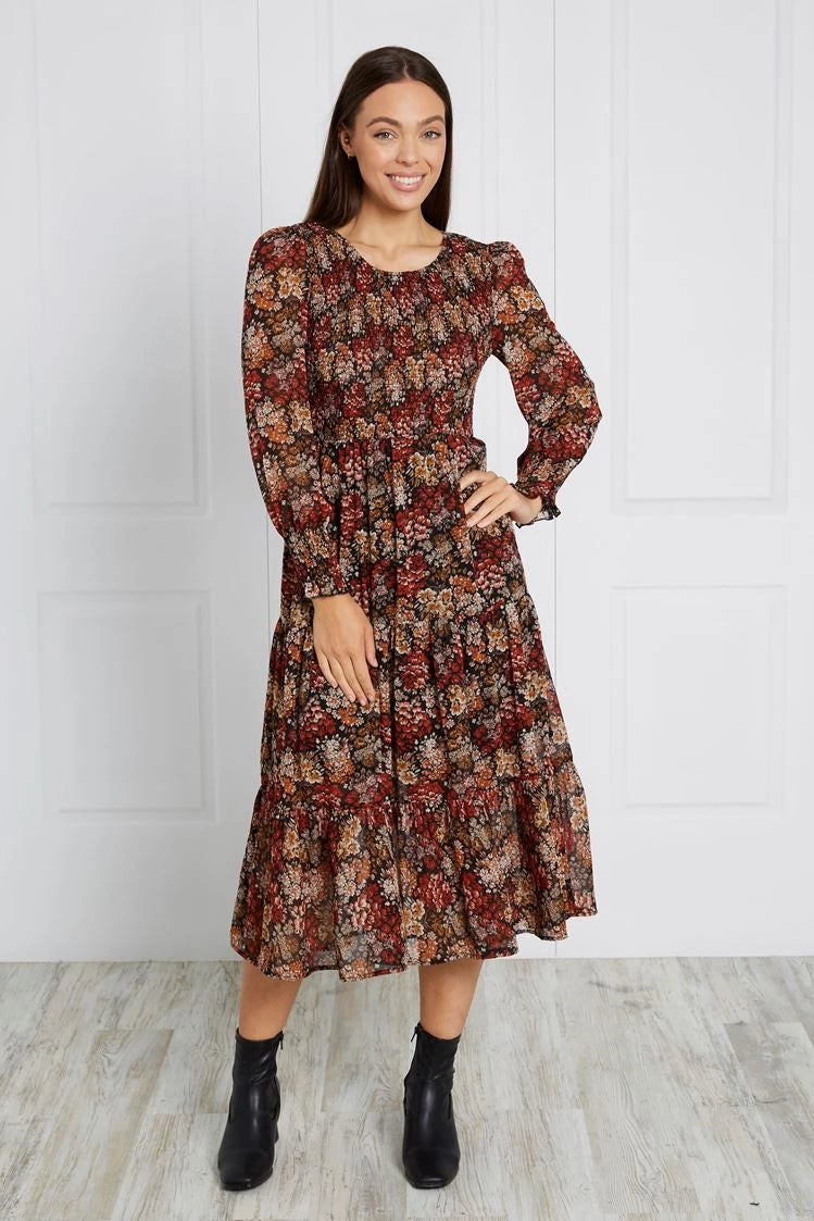 SHIRRED FLORAL MIDI DRESS