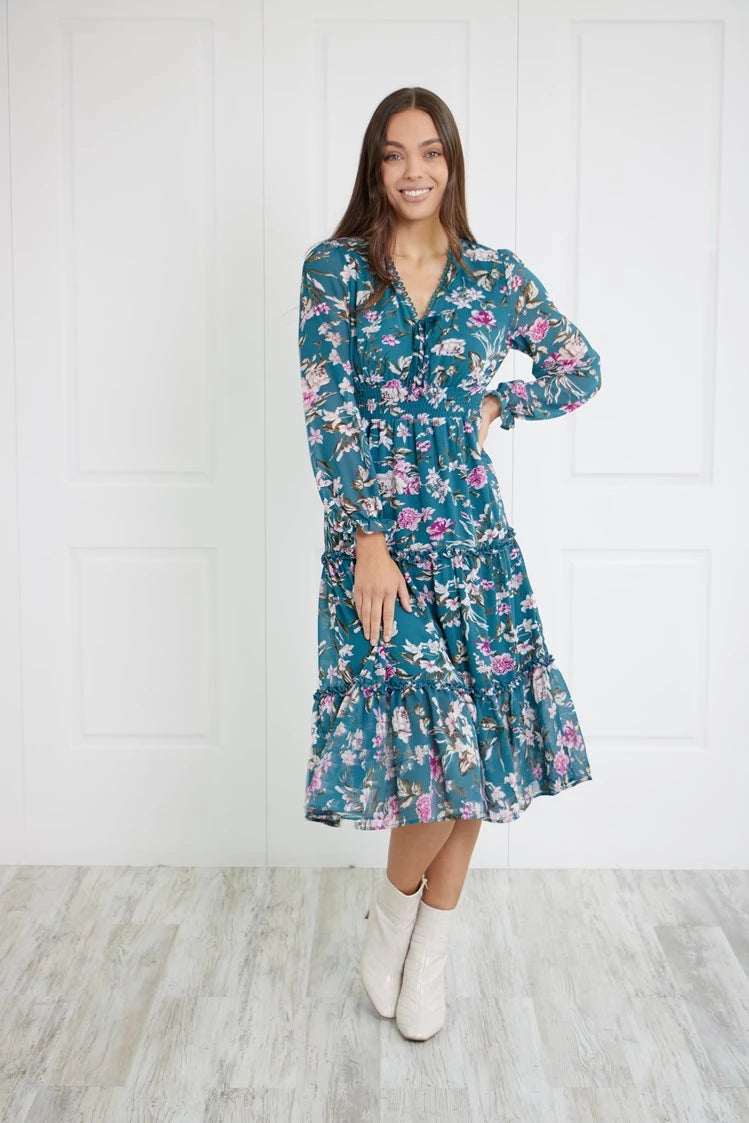 TIERED FLORAL MIDI DRESS